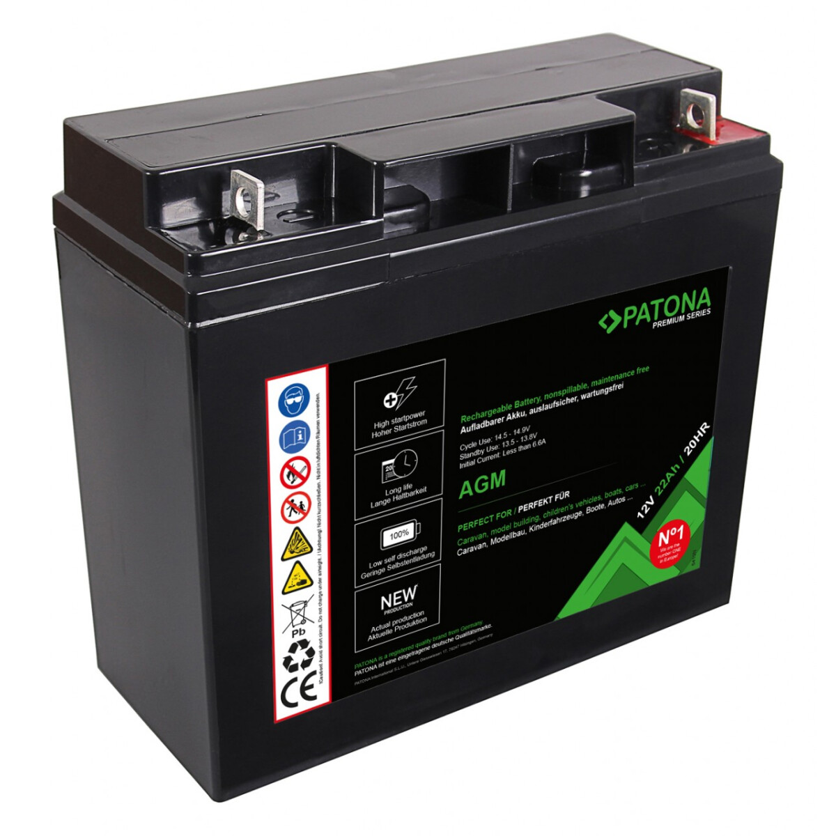 PATONA Premium AGM Akku 12V 22Ah – passend für Solar, Caravan, Boot & Notstrom
