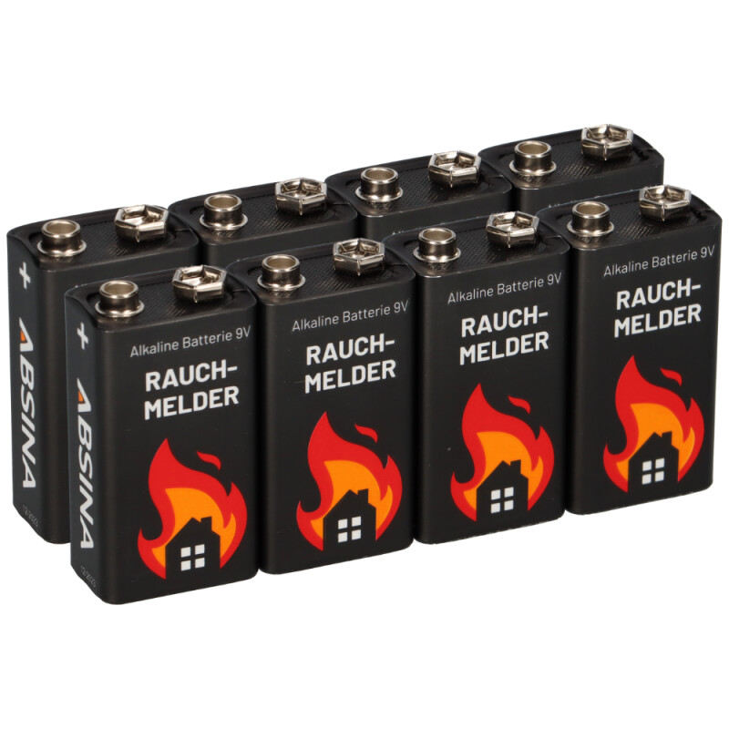 ABSINA 8x Rauchmelder Batterie 9V Block Alkaline Batterien Blockbatterien 