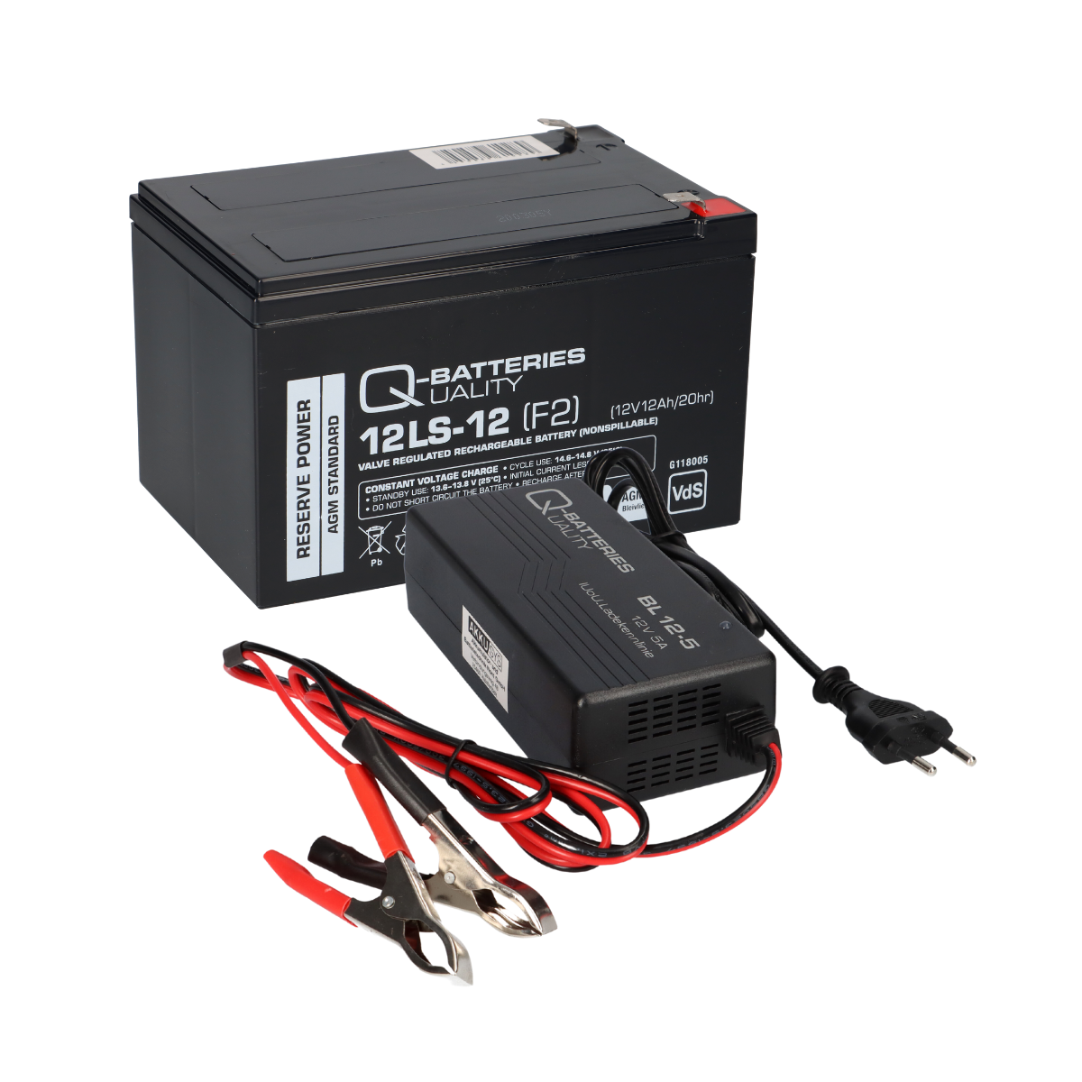 Bleiakku 12V 12Ah + Ladegerät 5A kompatibel 14Ah 15Ah AGM Bleigel QB