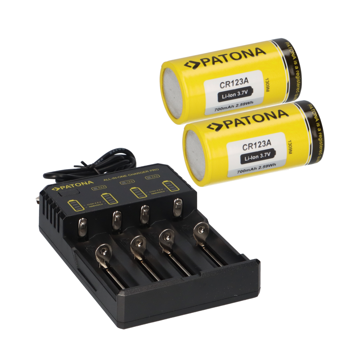 2x PATONA Li-Ion 3,7V Akku CR123A 700mAh 2,59Wh + Lader