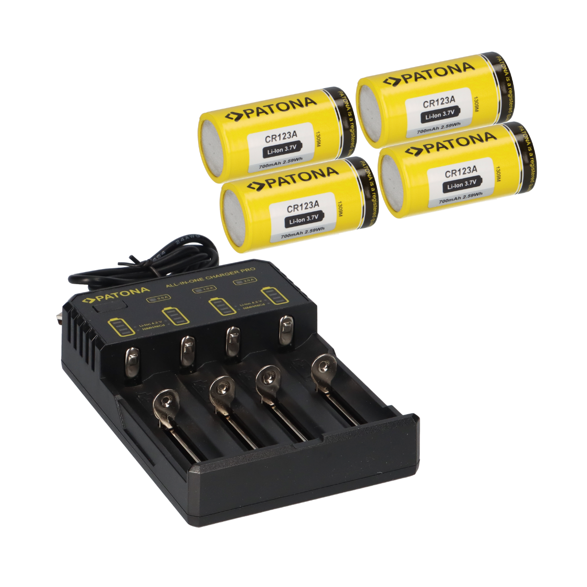 4x PATONA Li-Ion 3,7V Akku CR123A 700mAh 2,59Wh + Lader