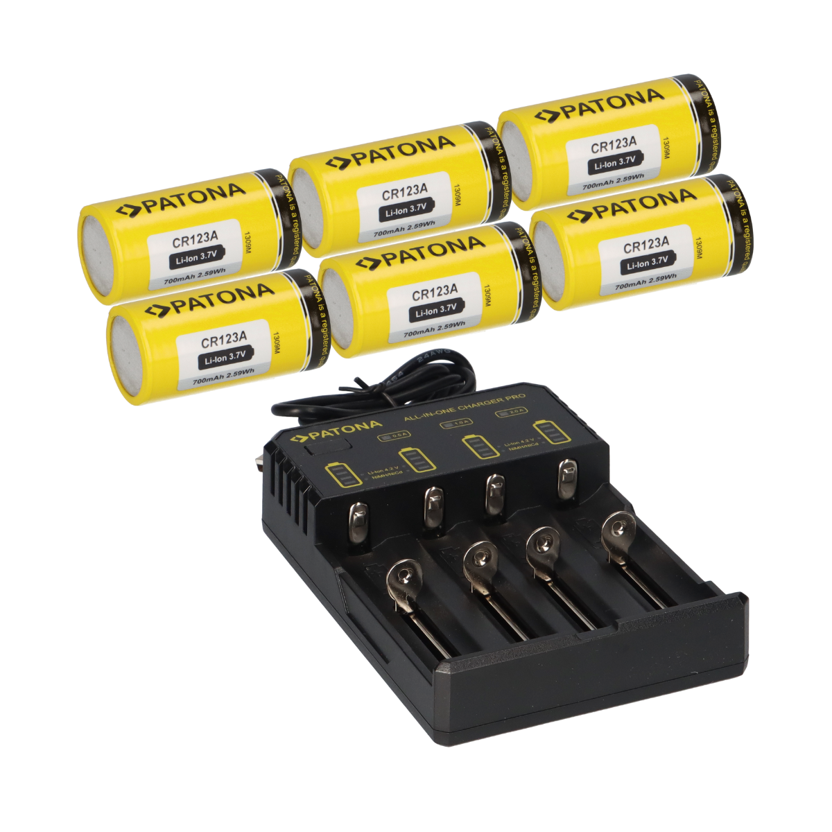6x PATONA Li-Ion 3,7V Akku CR123A 700mAh 2,59Wh + Lader