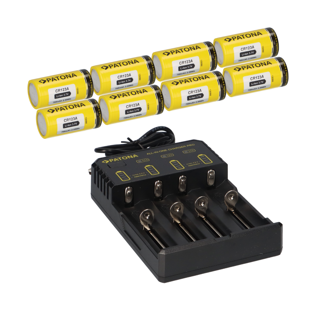 8x PATONA Li-Ion 3,7V Akku CR123A 700mAh 2,59Wh + Lader