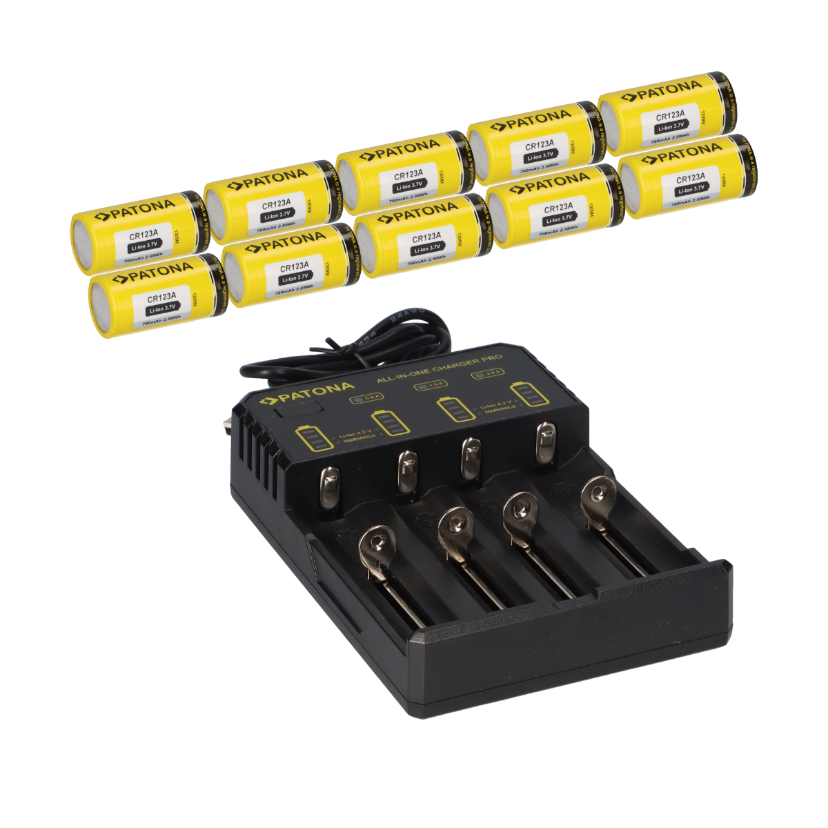 10x PATONA Li-Ion 3,7V Akku CR123A 700mAh 2,59Wh + Lader