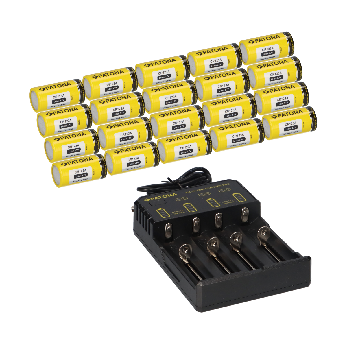 20x PATONA Li-Ion 3,7V Akku CR123A 700mAh 2,59Wh + Lader