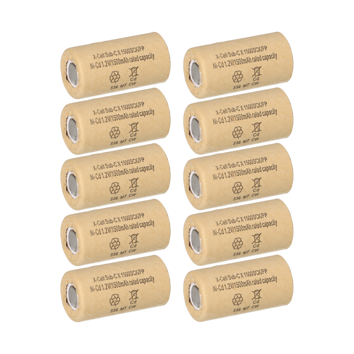 10x XCell Akku Sub-C 1,2V 1500 mAh 1500SCK PP Pappmantel NiCd Hochstrom
