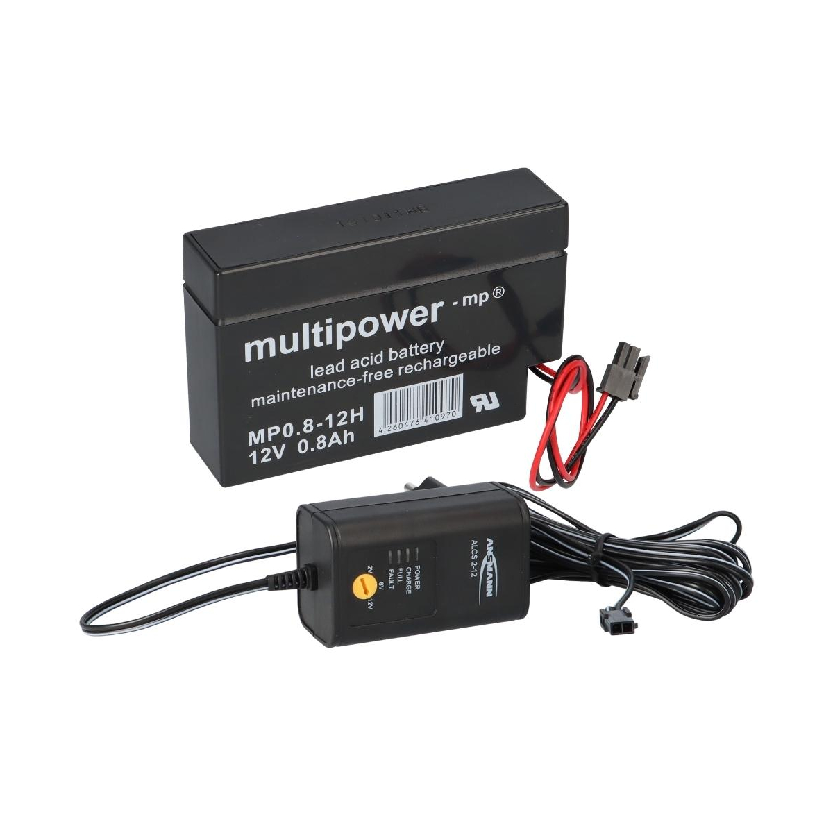 Ladegerät mit 1x Blei-Akku 12V 0,8Ah MP0.8-12H Heim & Haus Molex Stecker