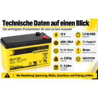 SUN Battery SB12-7.2V0 AGM Akku 12V 7,2Ah T1 / Faston 4,8 mm
