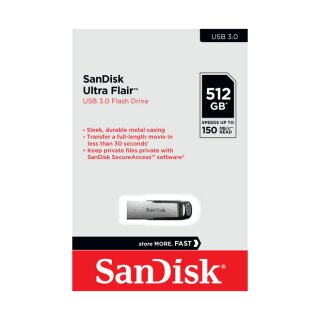 SanDisk USB 3.0 Stick 512GB, Ultra Flair Typ-A, (R) 150MB/s, SecureAccess, Retail-Blister