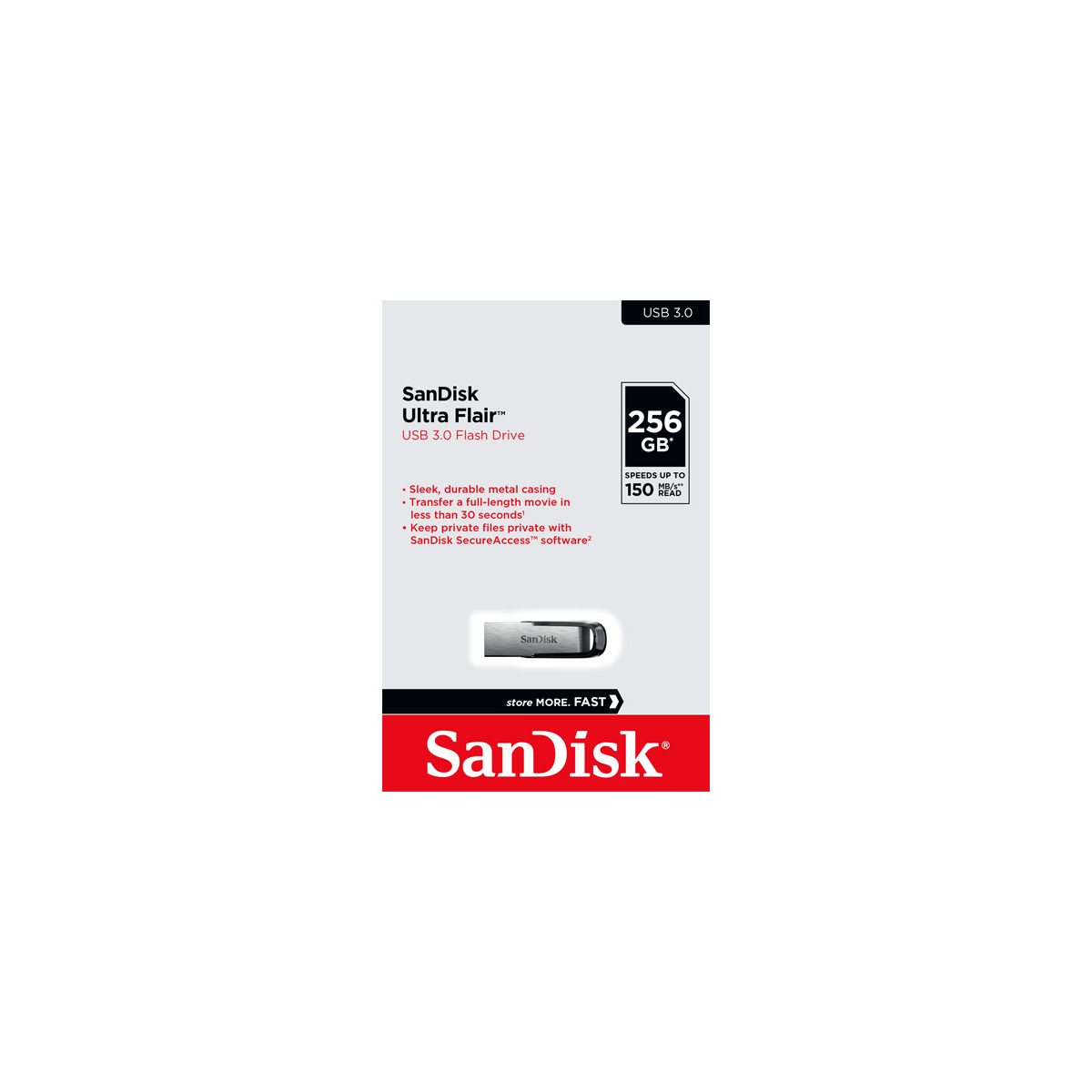SanDisk USB 3.0 Stick 256GB, Ultra Flair Typ-A, (R) 150MB/s, SecureAccess, Retail-Blister