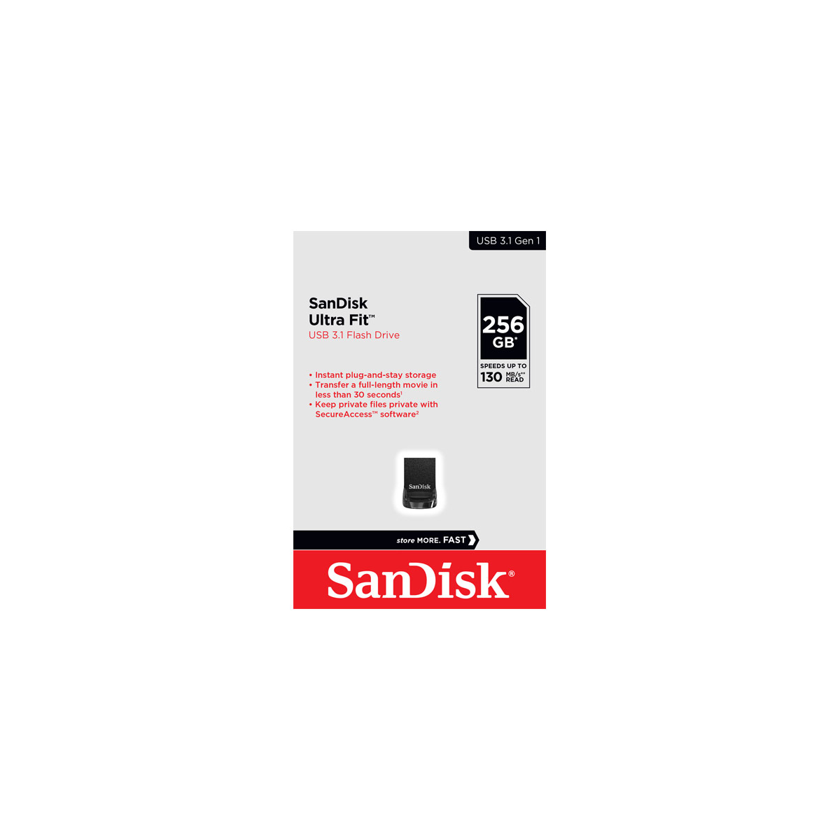 SanDisk USB 3.1 Stick 256GB, Ultra Fit Typ-A, (R) 130MB/s, (W) 60MB/s, Retail-Blister