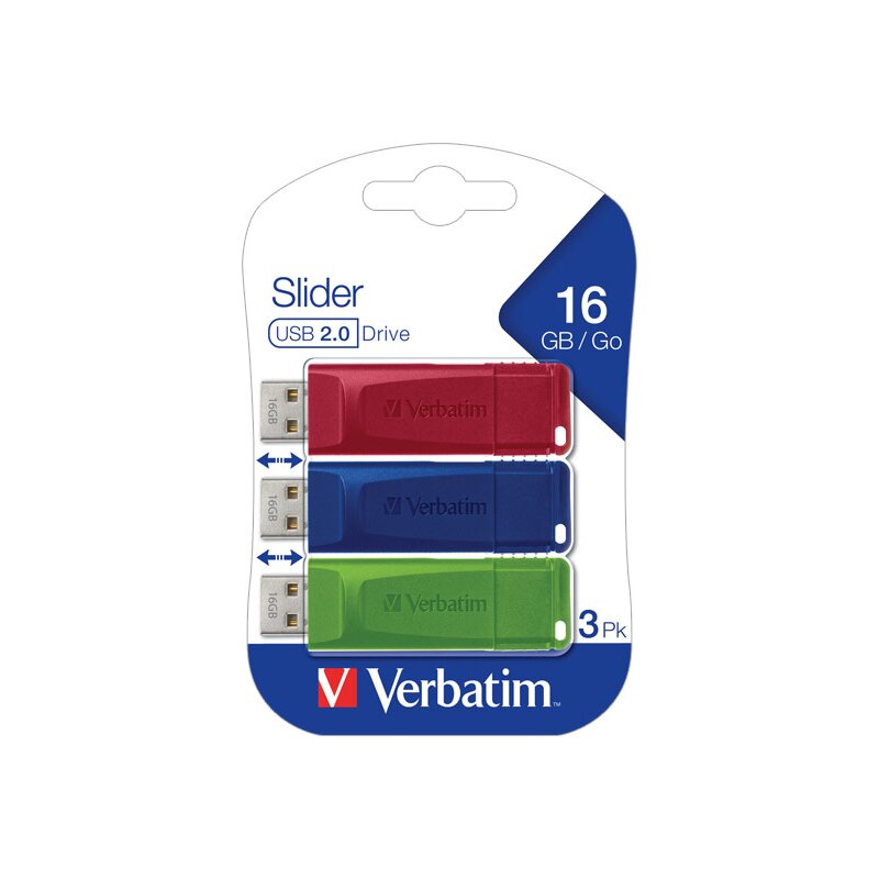 Verbatim USB 2.0 Stick 16GB, Slider, rot-blau-grün, Multipack
