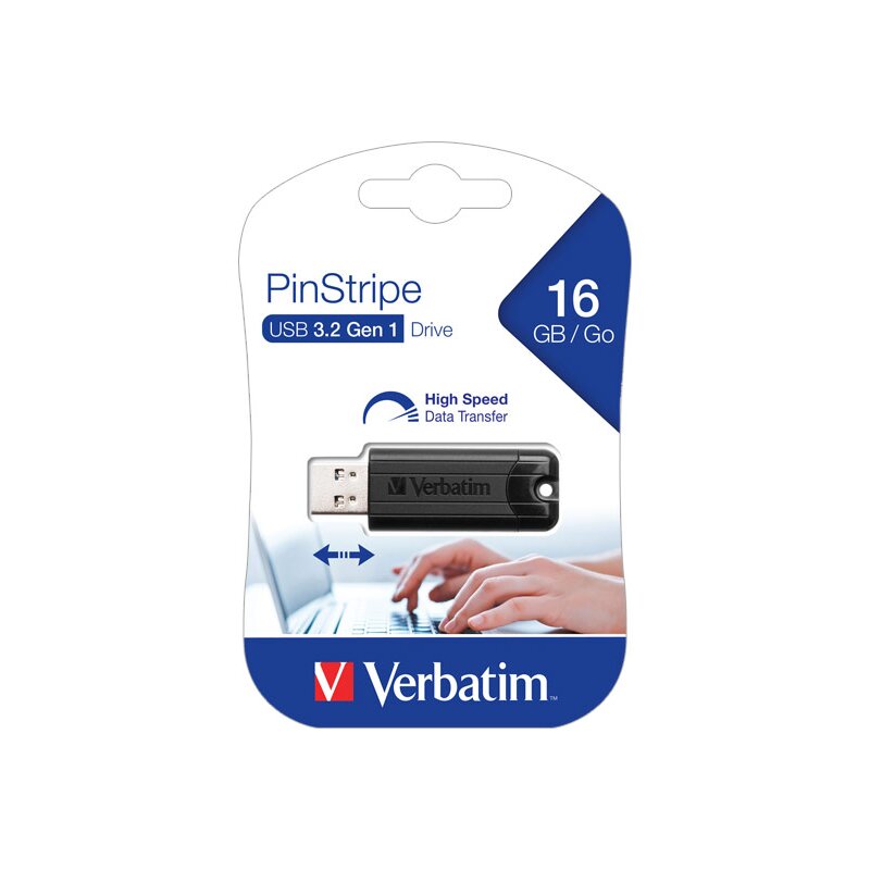 Verbatim USB 3.2 Stick 16GB, PinStripe, schwarz Typ-A, (R) 30MB/s, (W) 10MB/s, Retail-Blister