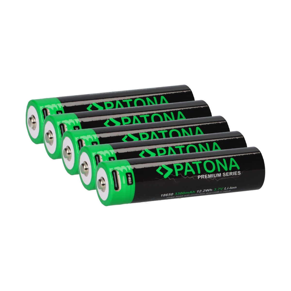 5x PATONA Premium 18650 Zelle Li-Ion Akku + USB-C Input 3,7V 3300mAh