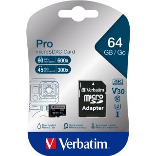 Verbatim microSDXC-Card 64GB, PRO, U3, UHS-I, 4K UHD