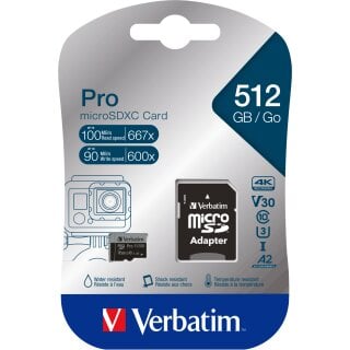 Verbatim microSDXC-Card 512GB, PRO, U3, UHS-I, 4K UHD