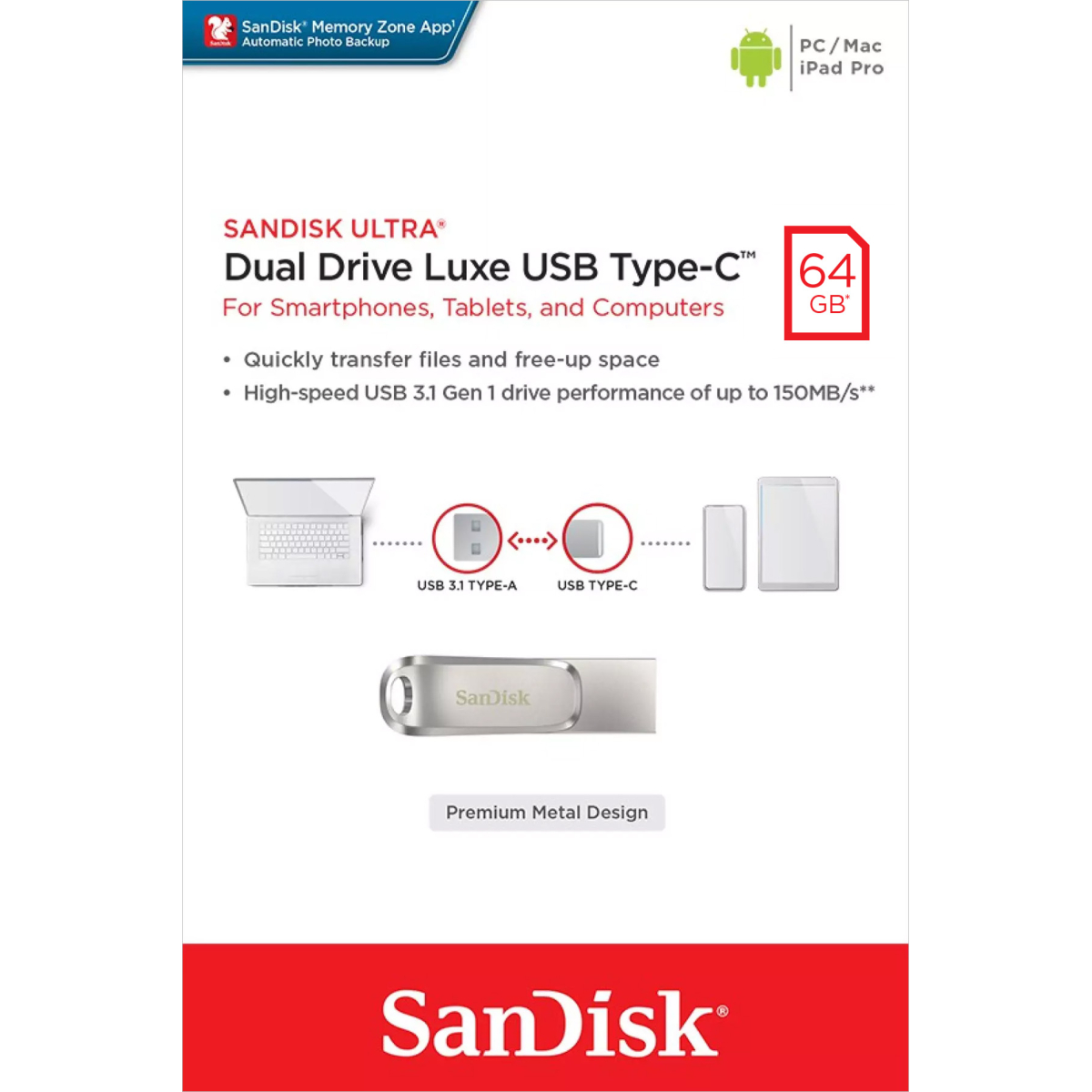 SanDisk USB 3.1 OTG Stick 64GB, Dual Drive Luxe