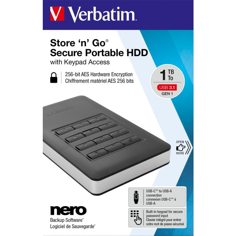 Verbatim Festplatte 1TB USB 3.1, A-C, 6.35cm (2.5''), schwarz