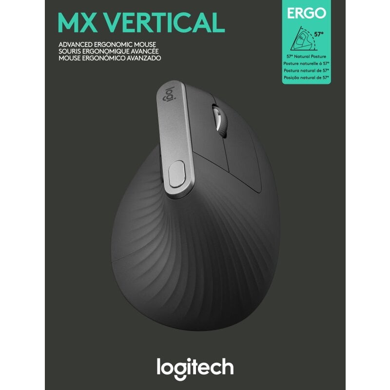 Logitech Maus MX Vertical, Wireless, Unifying, Bluetooth, anthrazit