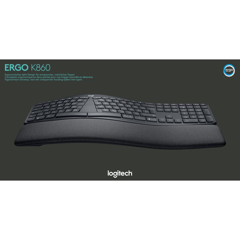 Logitech Tastatur K860, Wireless, Unifying, Bluetooth, schwarz
