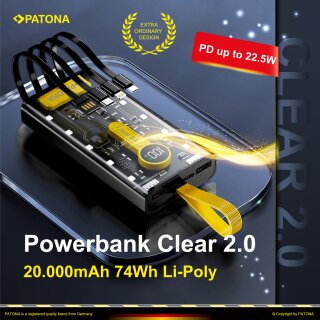 PATONA Powerbank Clear 2.0 20Ah 4 integrierte Ladekabel