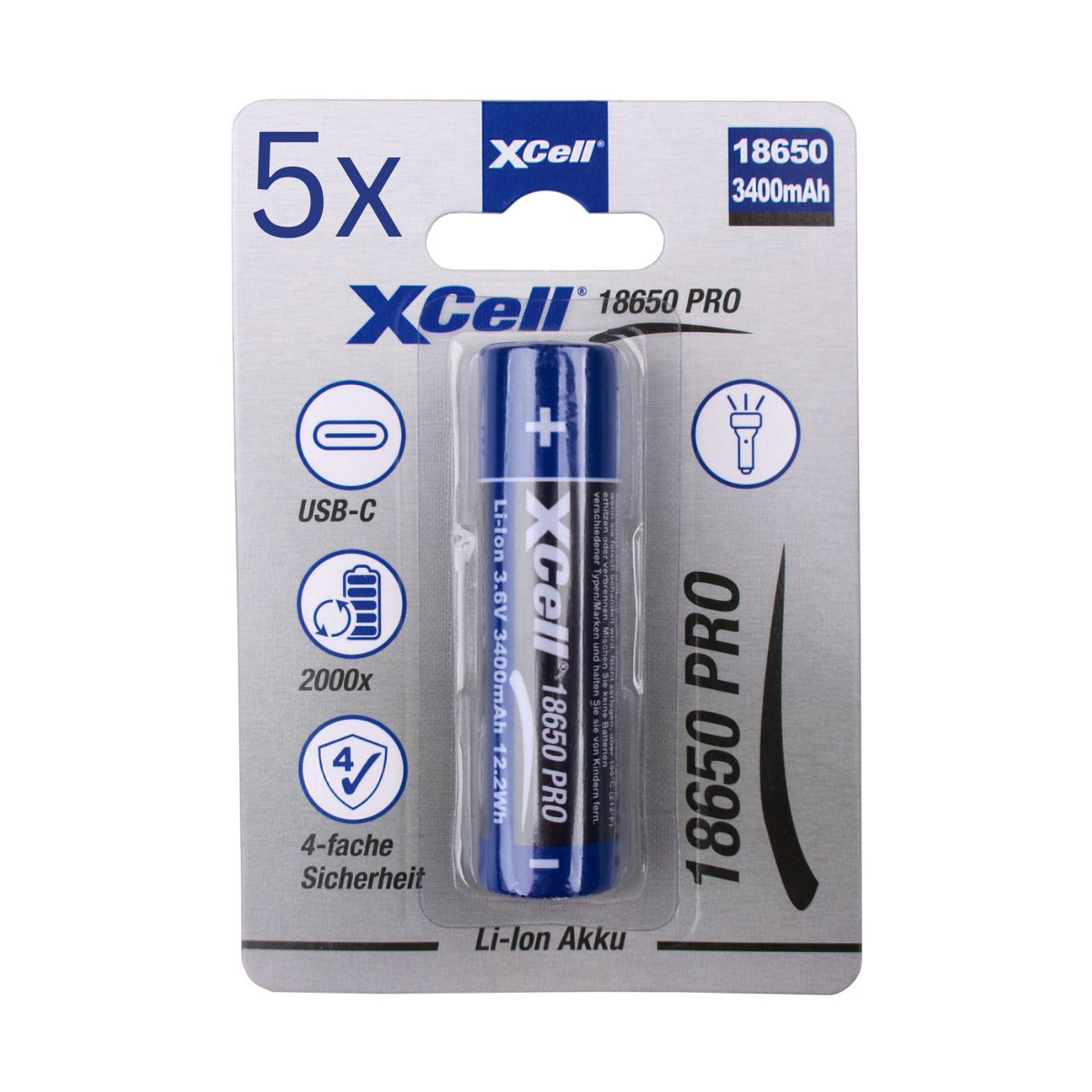 5x XCell 18650 Pro Li-Ion Akku 3,6V 3400mAh mit USB-C