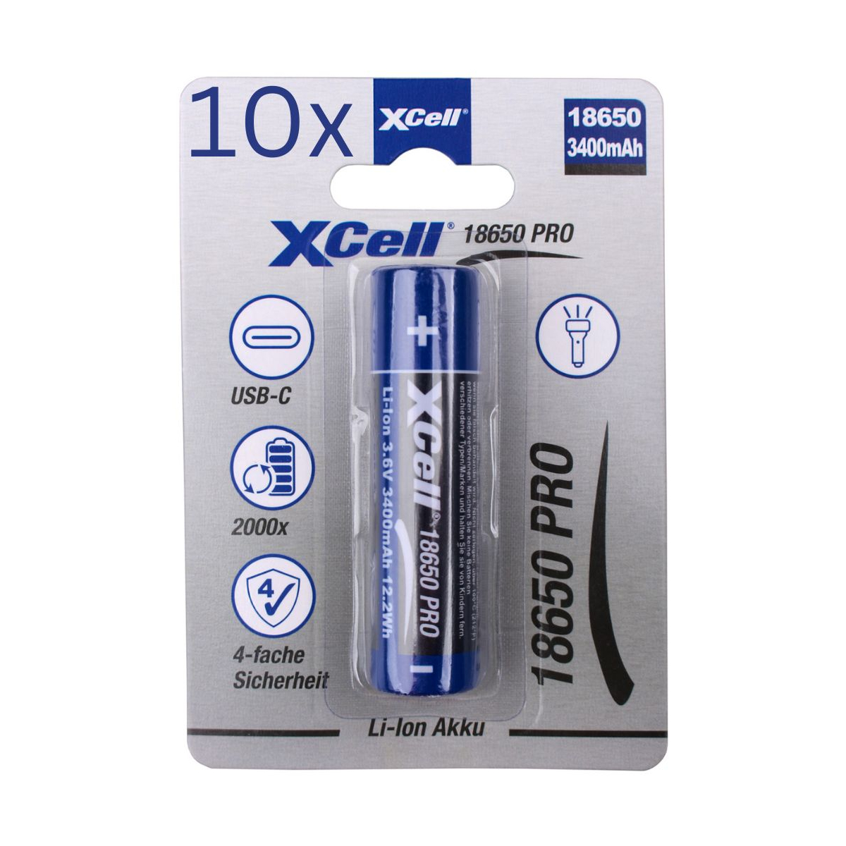10x XCell 18650 Pro Li-Ion Akku 3,6V 3400mAh mit USB-C