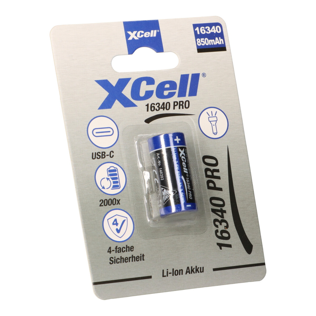 XCell 16340 Pro Li-Ion Akku 3,6V 850mAh USB-C – CR123A-Format