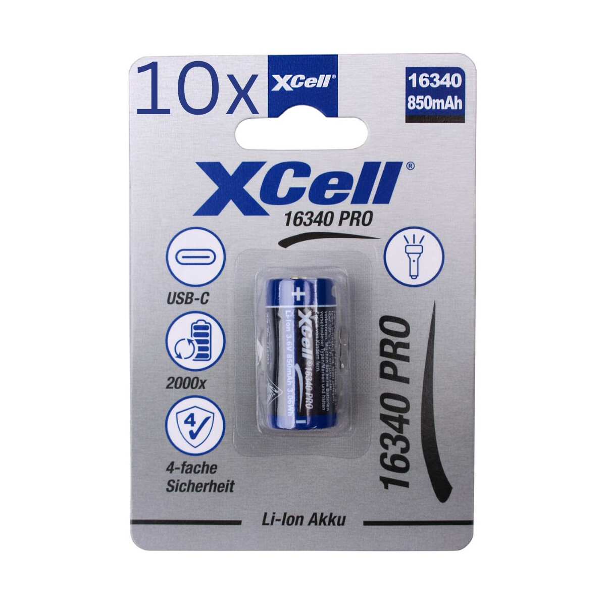 10x XCell 16340 Pro Li-Ion Akku 3,6V 850mAh USB-C – CR123A-Format