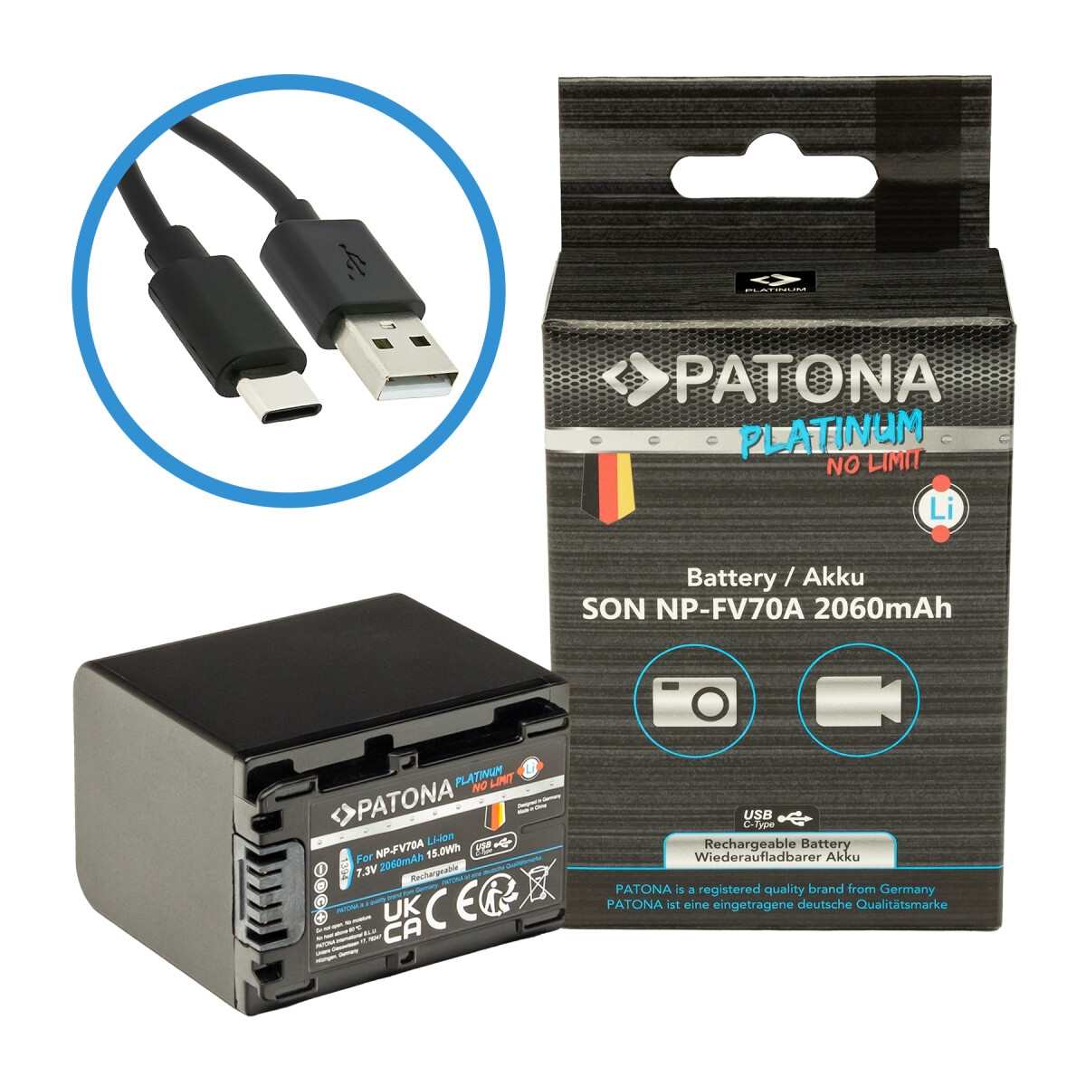 PATONA Platinum Akku mit USB-C Input für Sony NP-FV70A – 7,3V 2060mAh