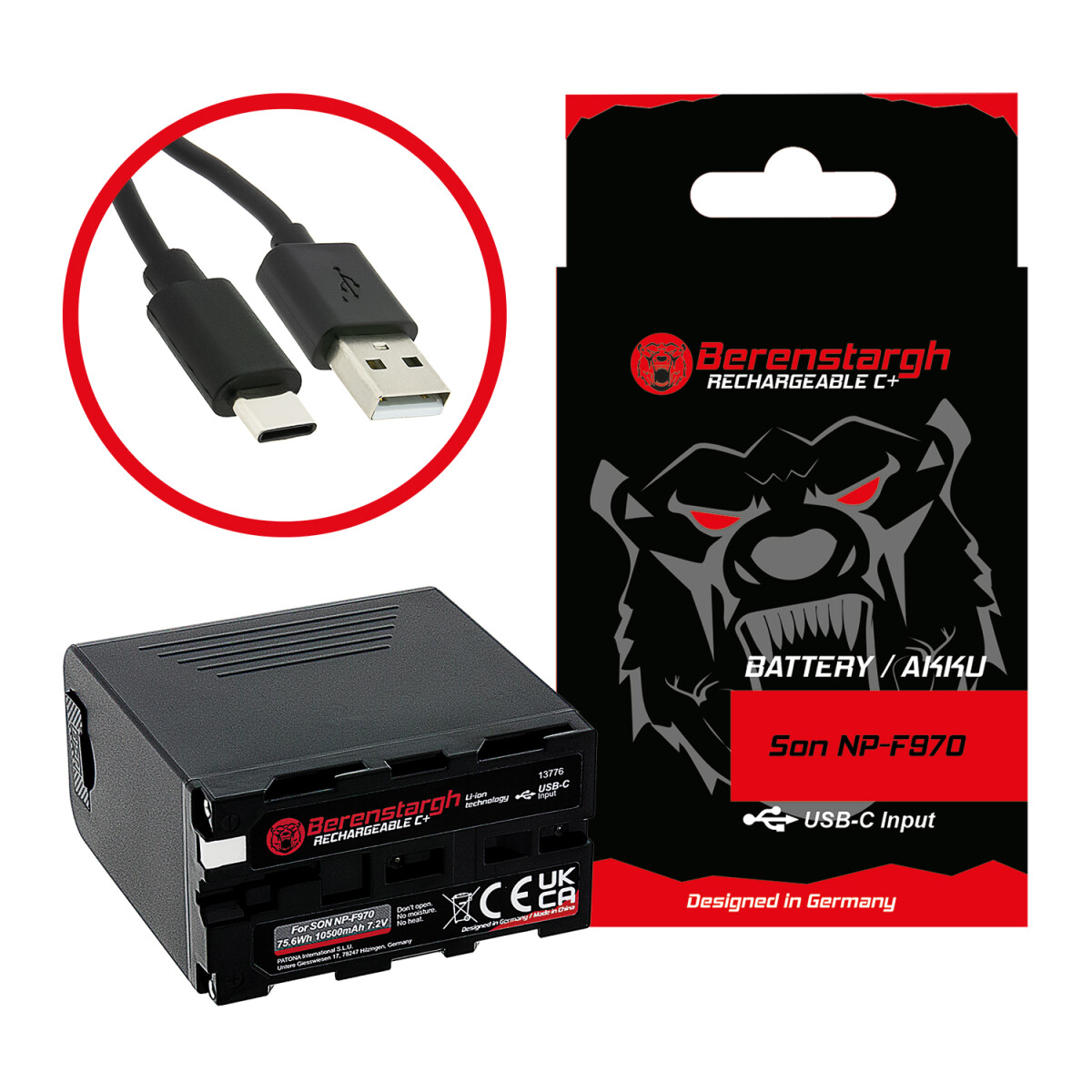 Berenstargh Akku mit USB-C in / out für Sony NP-F970 F960 – 5V 10500mAh