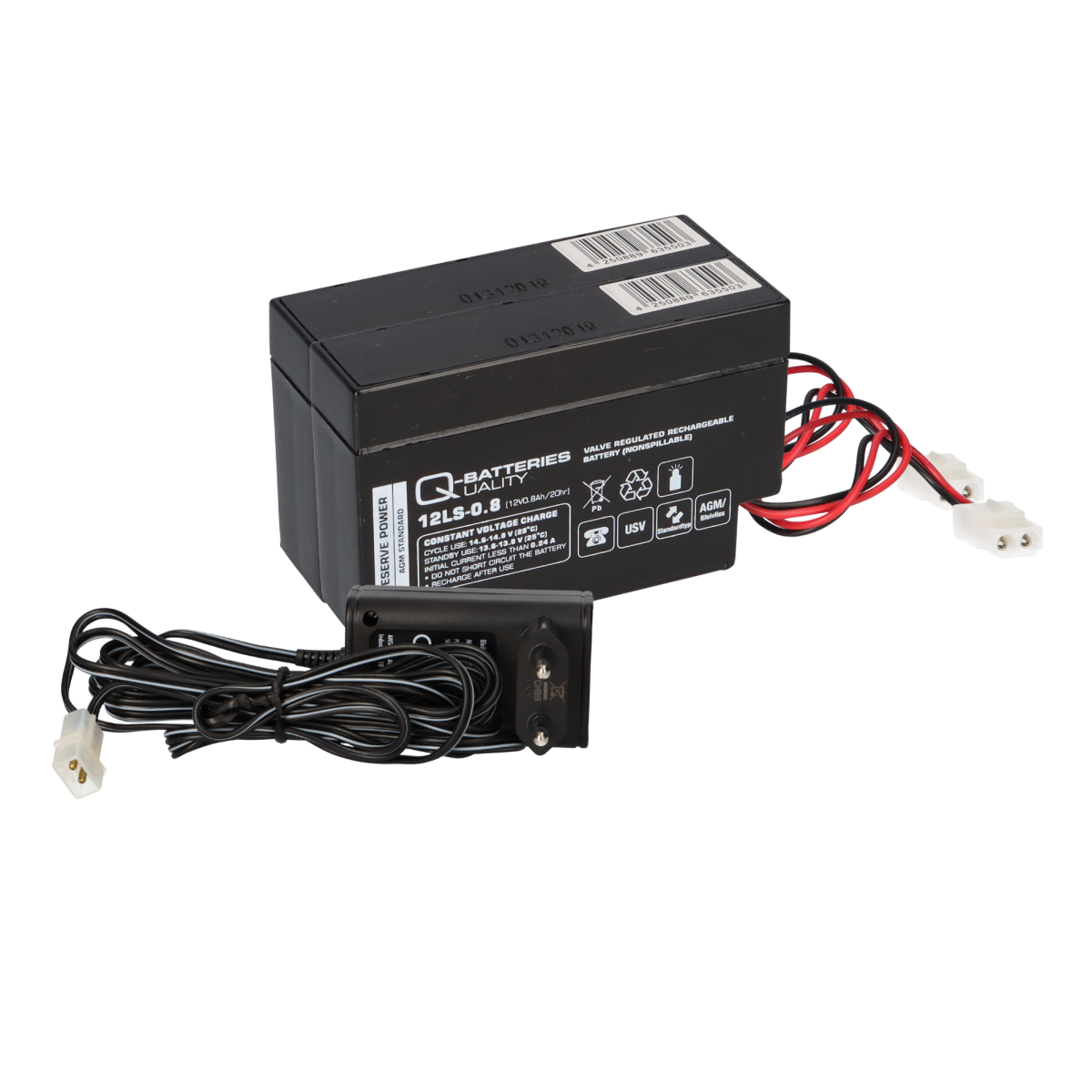 Ladegerät mit 2x Blei-Akku 12V 0,8Ah 12LS-0.8 AMP-Stecker