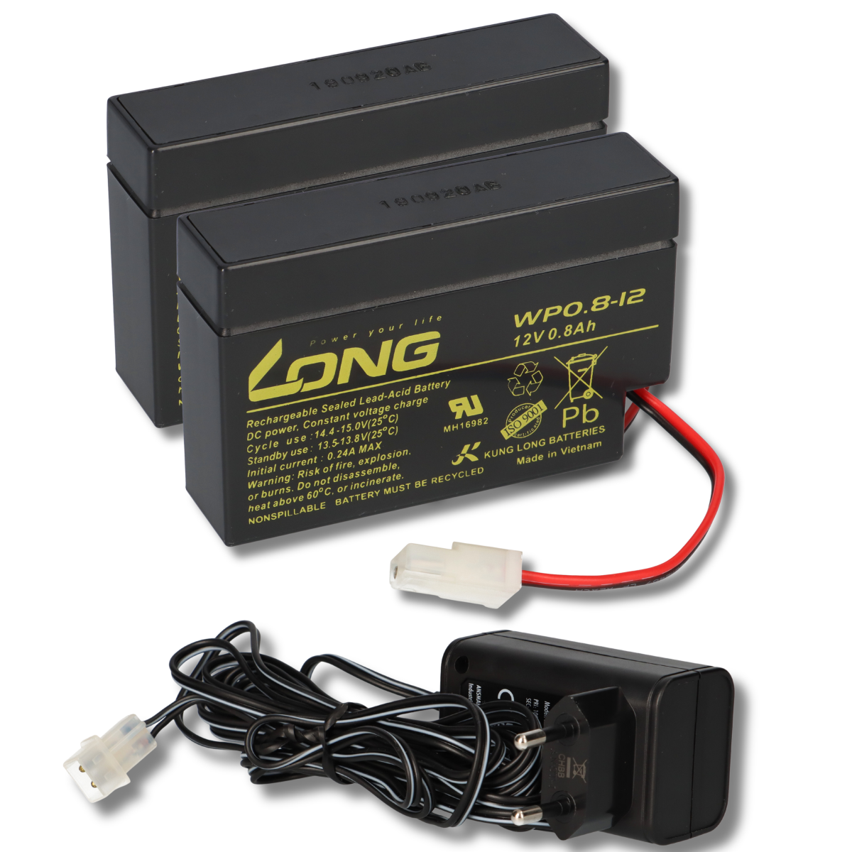 Ladegerät mit 2x Blei-Akku 12V 0,8Ah WP0.8-12 AMP-Stecker
