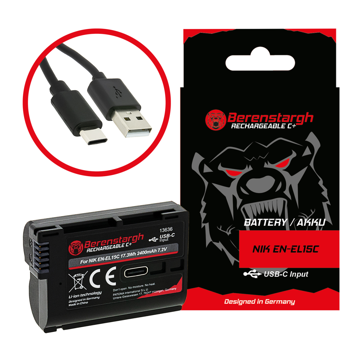 Berenstargh Akku mit USB-C Input für Nikon 1 V1 EN-EL 15