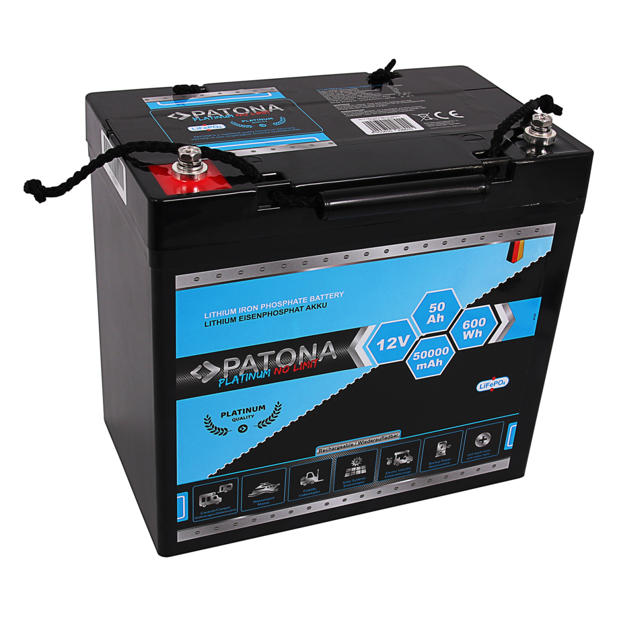 PATONA Platinum LiFePO4 Akku 12V 50Ah 600Wh 50.000mAh mit 0% MwSt nach §12 Abs. 3 UstG