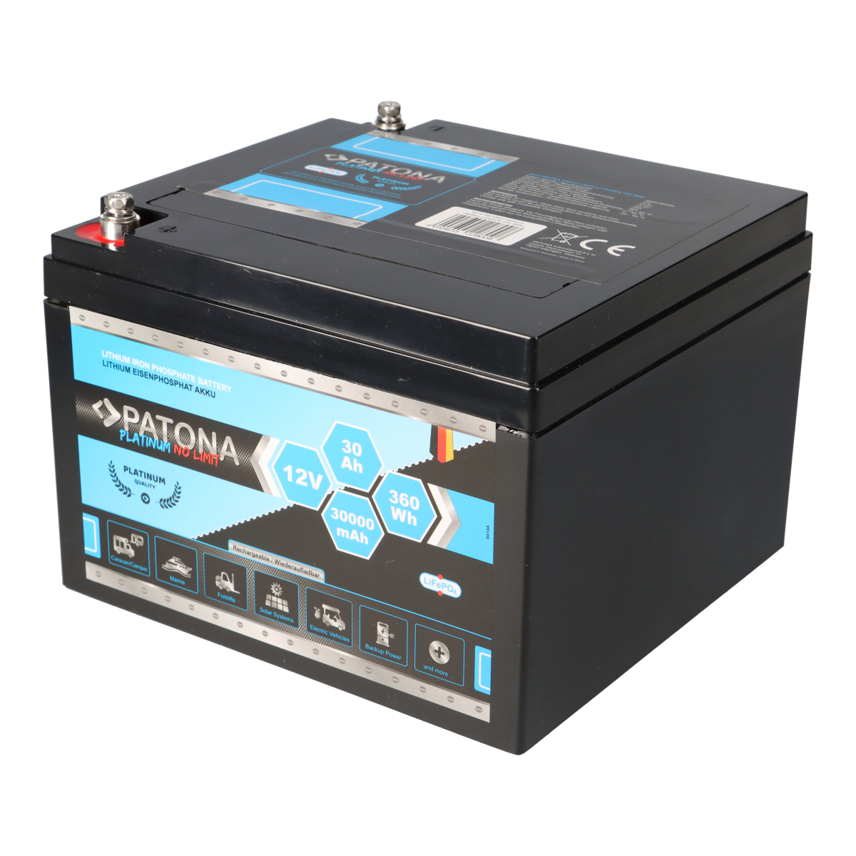 PATONA Platinum LiFePO4 Akku 12V 30Ah 360Wh 30.000mAh mit 0% MwSt nach §12 Abs. 3 UstG