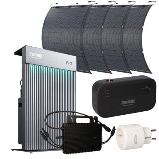 Zendure Balkonkraftwerk Speicher AiO 2,4 kWh + Mikrowechselrichter 800W + 4x flexibles Solarpanel + Smart Plug & Strommessgerät