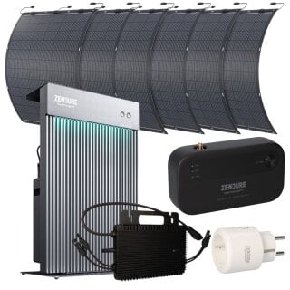 Zendure Balkonkraftwerk Speicher AiO 2,4 kWh + Mikrowechselrichter 800W + 6x flexibles Solarpanel + Smart Plug & Strommessgerät