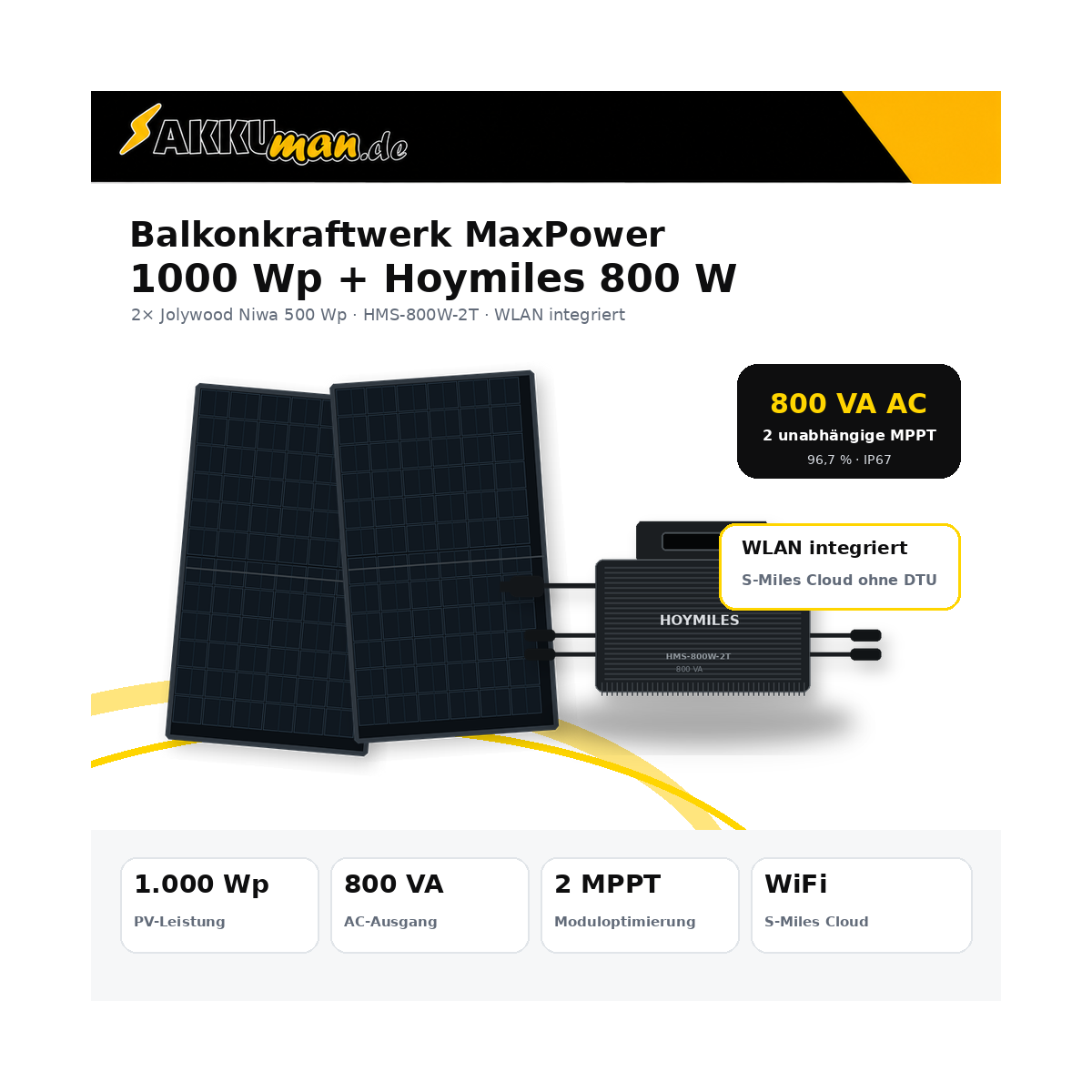 Balkonkraftwerk 1000 Wp mit Hoymiles HMS-800-2T WLAN & 2x Jolywood 500 Wp 0% MwSt. nach §12 Abs. 3 UStG