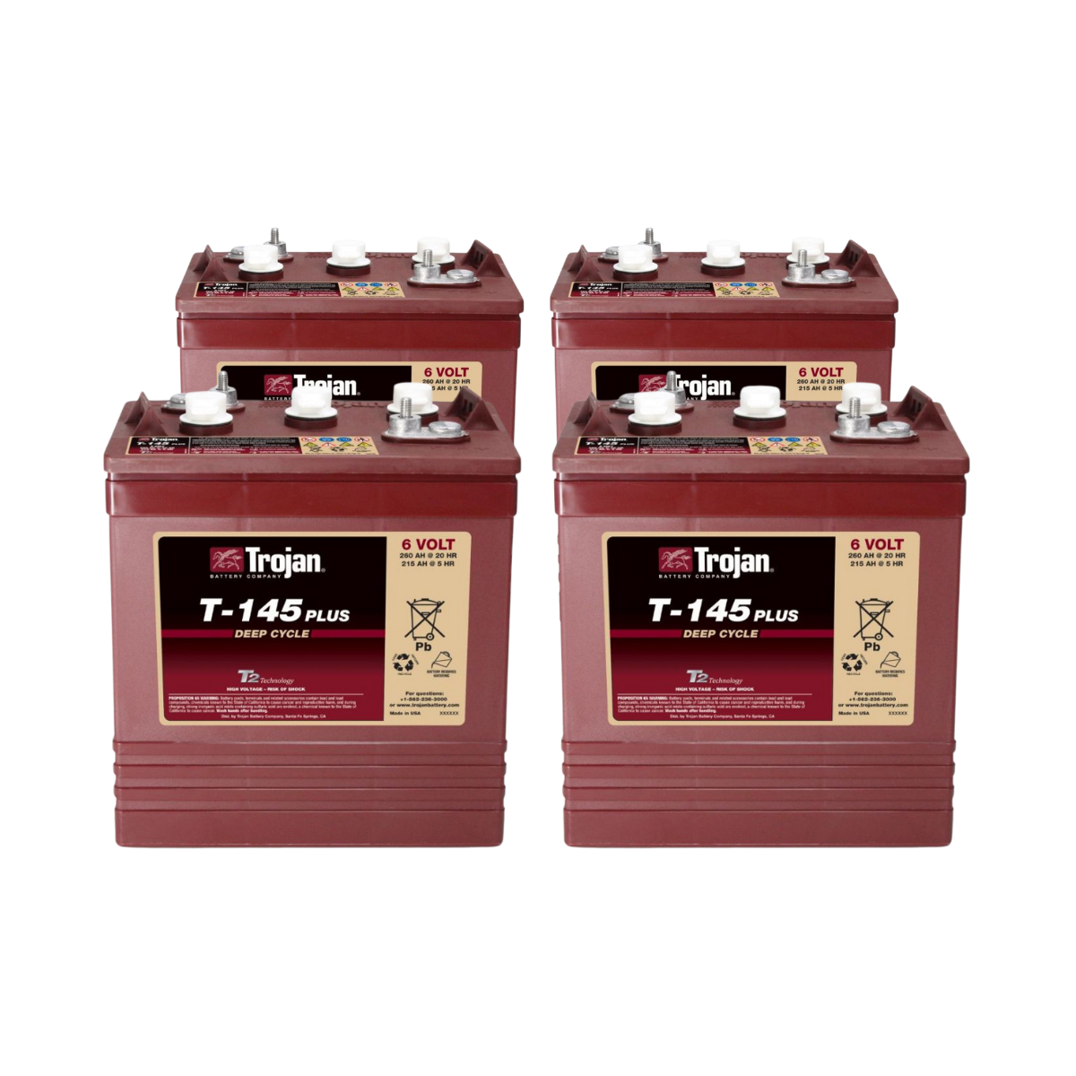 4x Traktionsbatterie Trojan T-145 Plus 6V 260Ah Deep Cycle ELPT-Anschluss