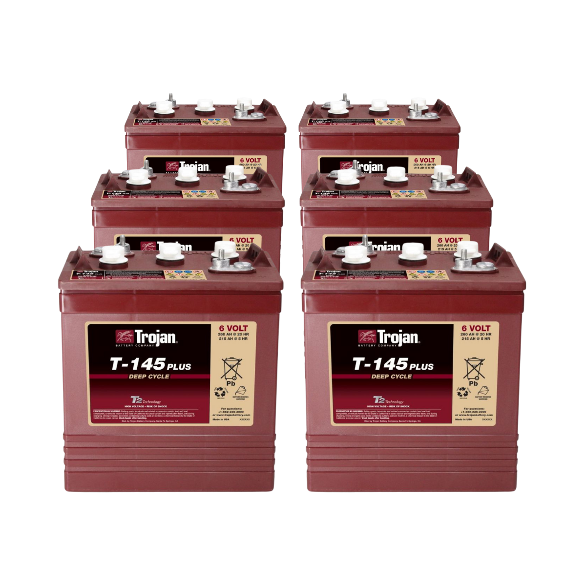 6x Traktionsbatterie Trojan T-145 Plus 6V 260Ah Deep Cycle ELPT-Anschluss