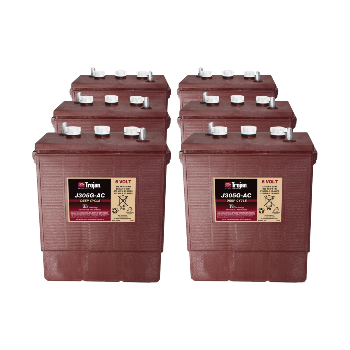 6x Traktionsbatterie Trojan J305G-AC 6V 315Ah Deep Cycle EUTR-Anschluss