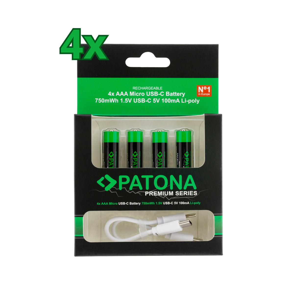 16x PATONA Premium USB-C AAA Akkus Lithium 1.5V 750mWh (4x 4er Blister)