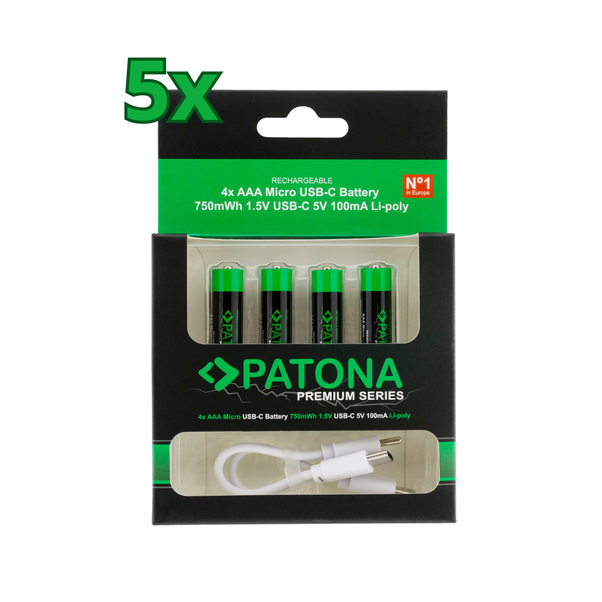 20x PATONA Premium USB-C AAA Akkus Lithium 1.5V 750mWh (5x 4er Blister)