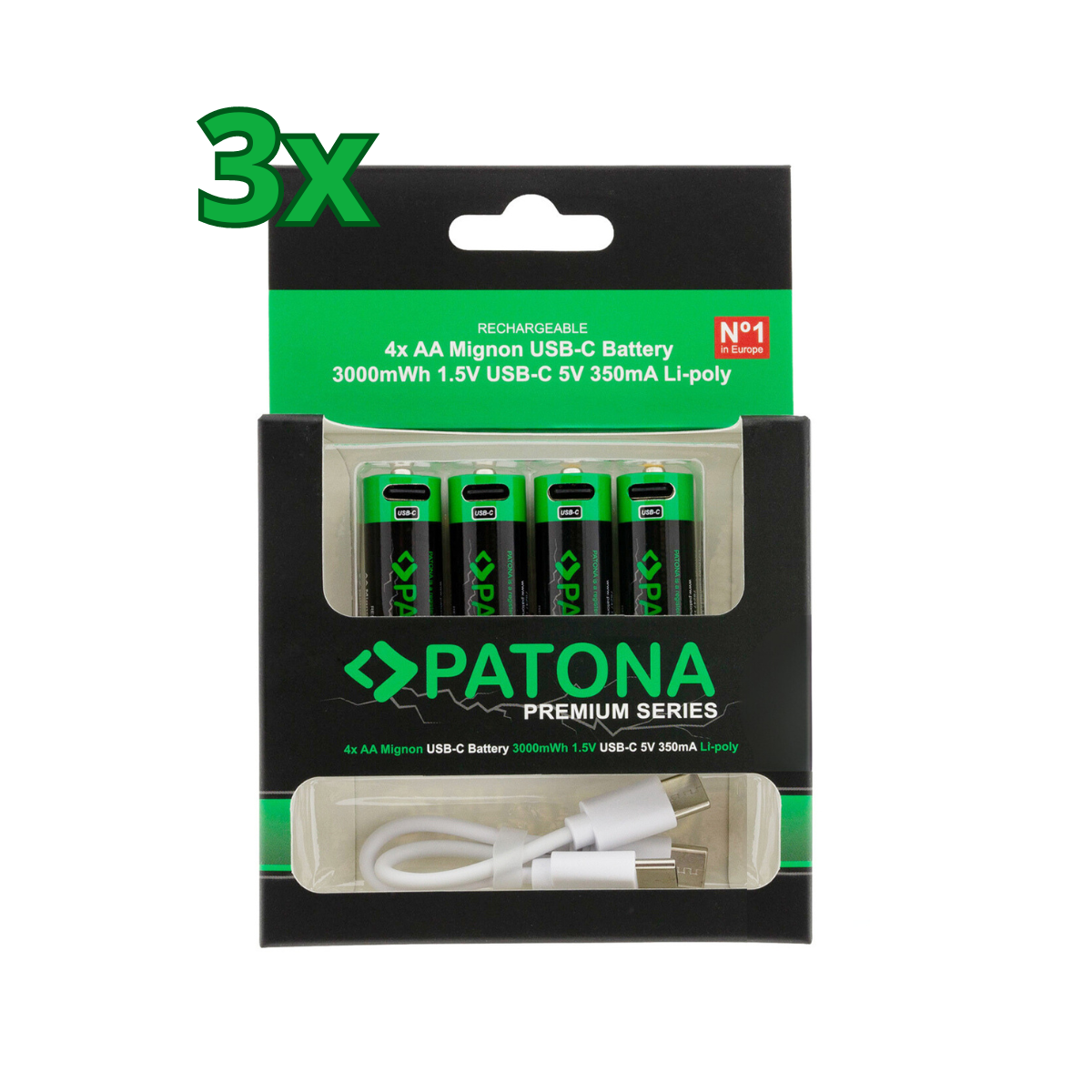 12x PATONA Premium USB-C 4x AA Akkus Lithium 1.5V 3000mWh (3x 4er Blister)