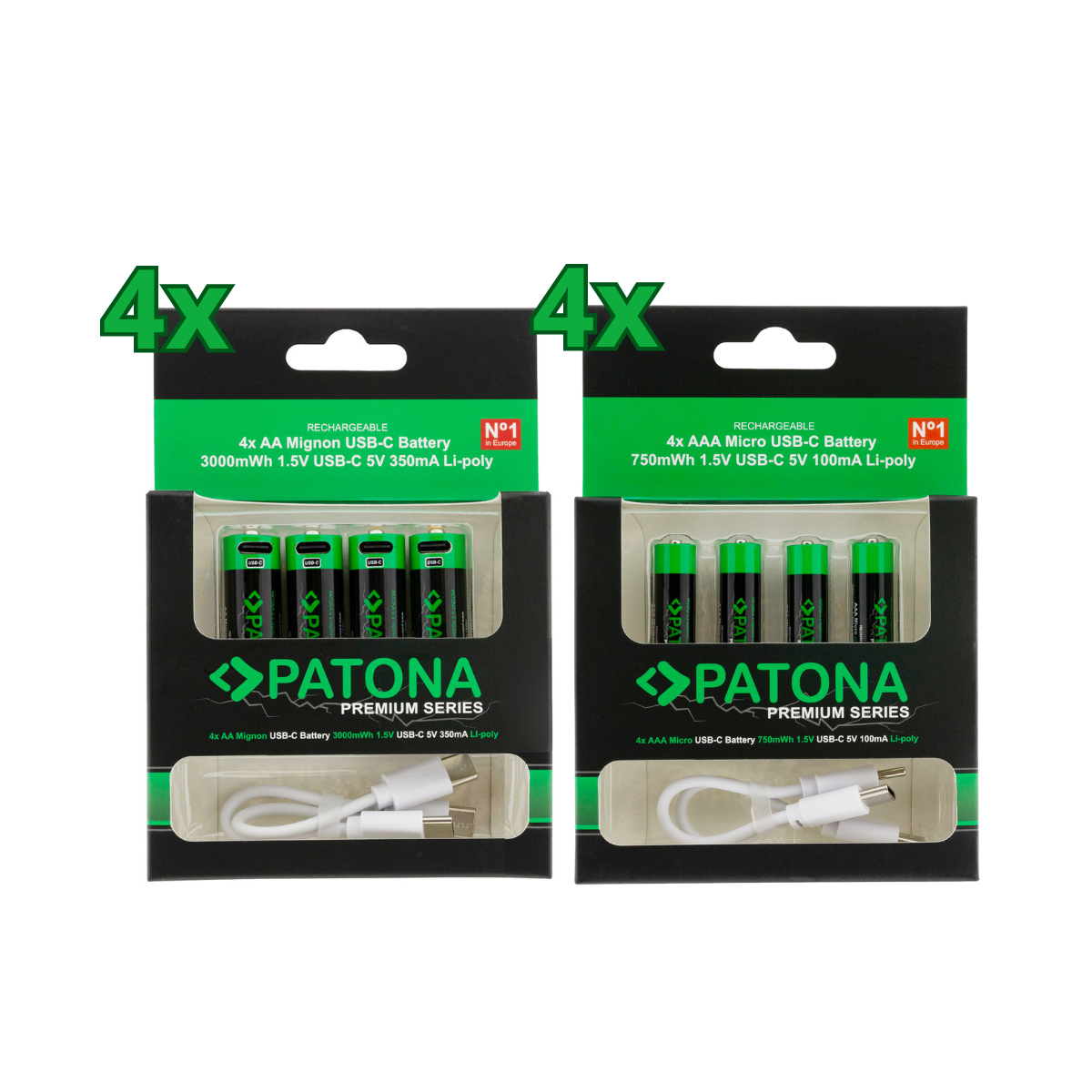 32x PATONA Premium USB-C AAA und AA Akkus Lithium (8x 4er Blister)