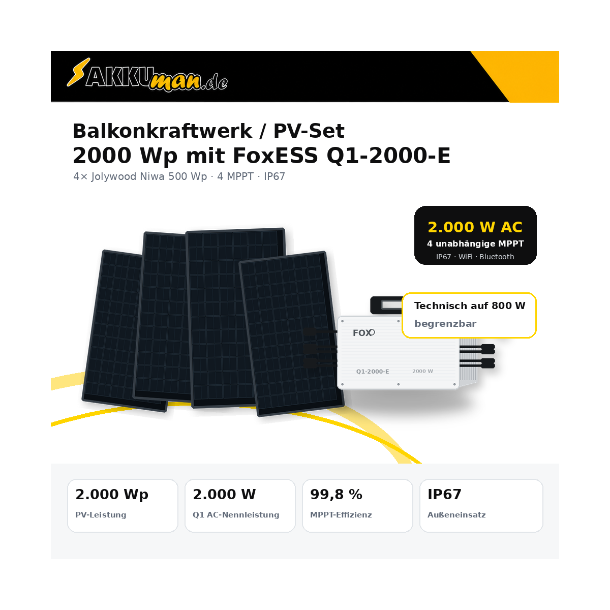 Balkonkraftwerk 2000 Wp mit FoxESS Q1-2000-E 2000 W Mikrowechselrichter & 4x Jolywood 500 Wp
