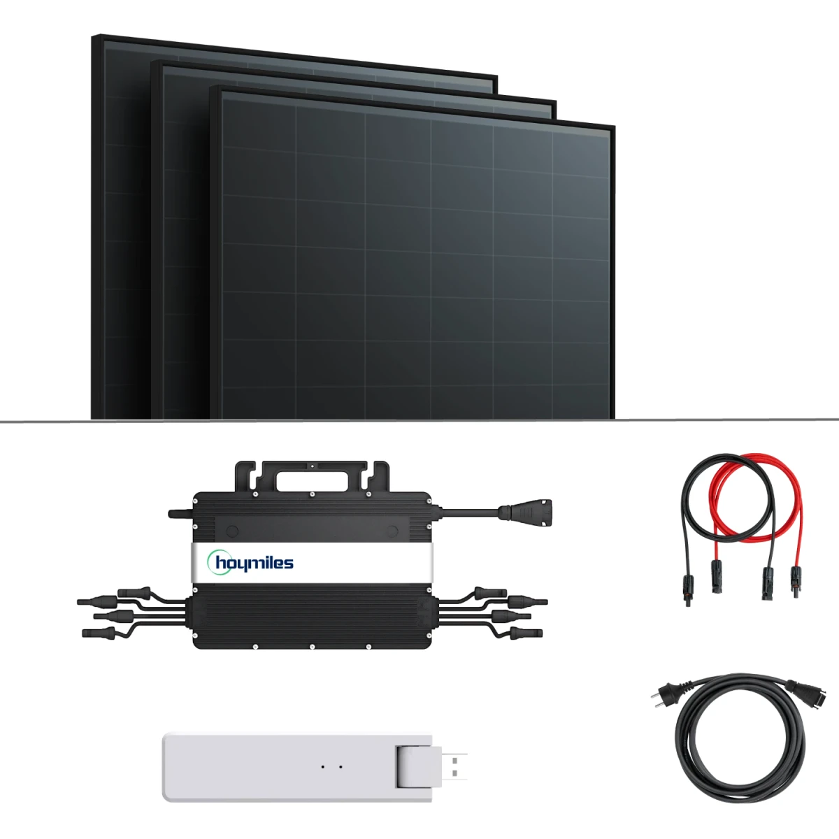 Balkonkraftwerk 1335W - 3x Aiko 445Wp Fullblack N-Type + Hoymiles HMS-1600-4T Microinverter Modulwechselrichter + Hoymiles DTU-WLite-S mit 0% MwSt nach §12 Abs. 3 UstG
