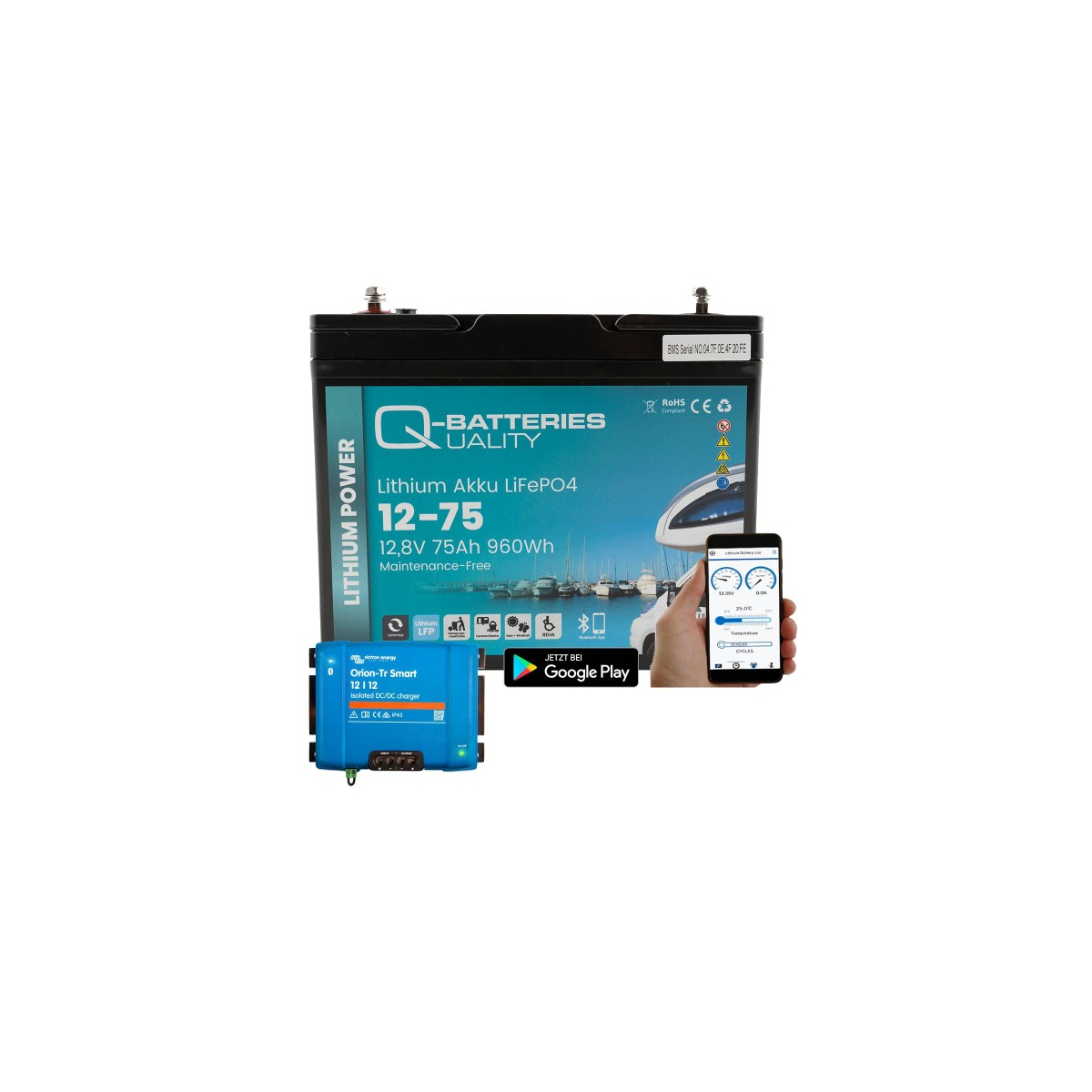 Q-Batteries 12-75 12,8V 75Ah 960Wh LiFePO4 Batterie + Victron Orion Ladegerät