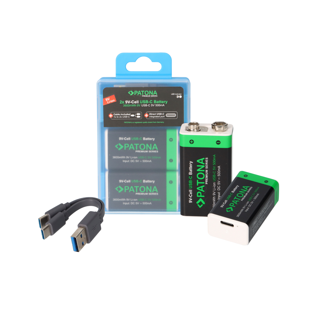 2x 9 Volt Block Premium Akkus 3,6Wh mit USB-C und Ladekabel